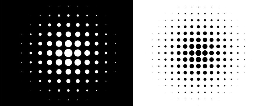 Halftone gradient circles collection. Dots textured round patterns. Cartoon comic radial faded background set. Abstract pixelated elements for frame, poster, collage, banner, flyer. Vector bundle
