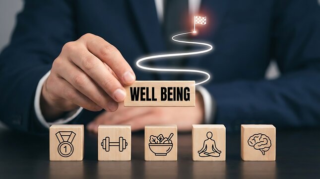 Conceptual image representing well being and holistic health with a glowing path and wooden block symbols