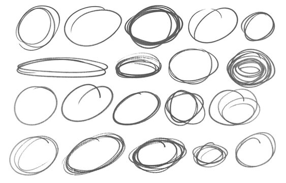 Hand drawn different circle, set grunge black marker isolated on white background and texture, design element, photo