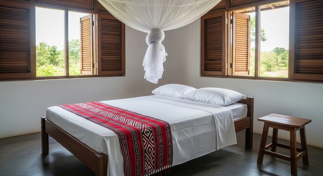 Tropical bedroom with wooden bed white mosquito net and red runner near open windows