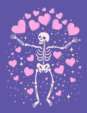 Skeleton Greeting In the Cloud of Hearts Vector