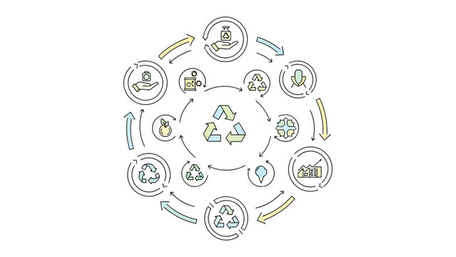 Eco-Cycle: An intricate diagram illustrating the circular economy concept, with interconnected icons representing recycling, sustainability, and environmental responsibility.