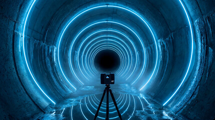 Fototapeta premium Lidar scanner capturing 3d data in futuristic blue tunnel
