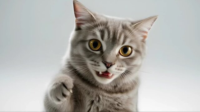 Close up of an expressive grey tabby cat with bright yellow eyes reacting with a wide open mouth on a studio white background for pet behavior concept