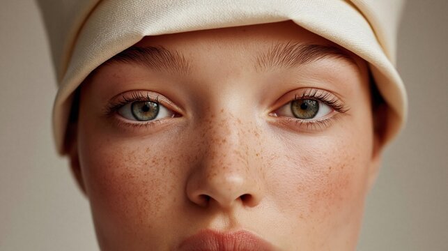 Nahaufnahme eines jungen M&auml;dchens mit Sommersprossen, blauen Augen und wei&szlig;em Hut