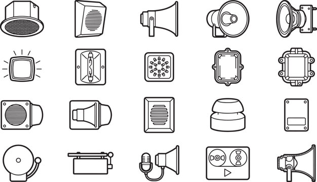 A comprehensive collection of audio equipment icons in monochrome, showcasing a variety of sound systems and speakers.