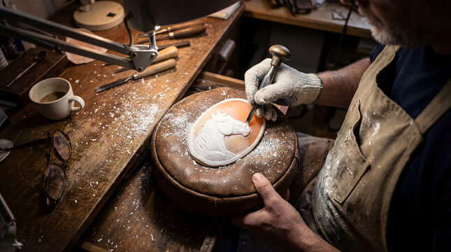 Artisan carving horse cameo shell for jewelry creation