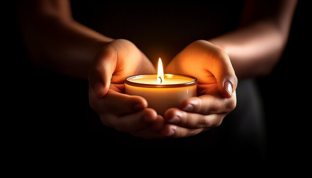 clasped hands gently holding a single flickering candle its warm flame casting a soft glow in the darkness symbolizing hope prayer remembrance or vigila