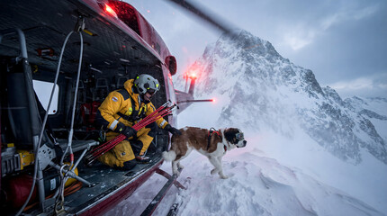 Naklejka premium Rescue team and st. Bernard dog exiting helicopter in snowy mountains