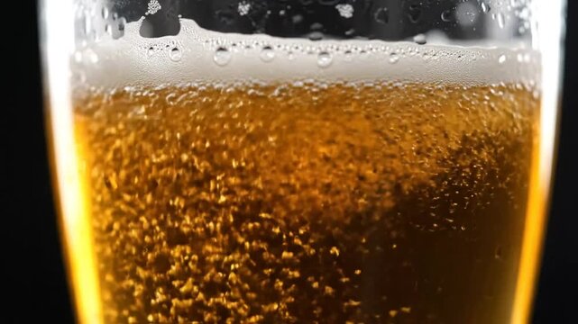 Close-up of beer being poured into a glass, showing bubbles and foam against a dark background.