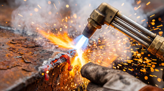 Handyman using acetylene torch cutting metal with sparks
