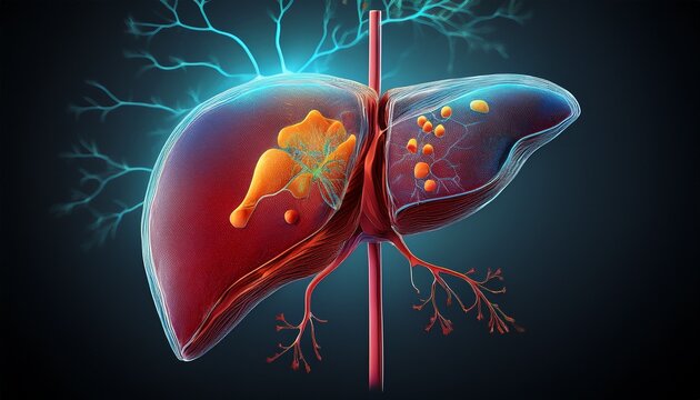 detailed medical 3d render of progressive liver disease from fatty changes to fibrosis cirrhosis and hepatocellular carcinoma on dark backdrop