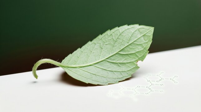 Single green mint leaf resting on a white surface with a glowing chemical diagram for carbon capture technology, sustainability reports and environmental conservation