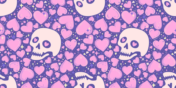 Skull and Heart Eyes Seamless Pattern