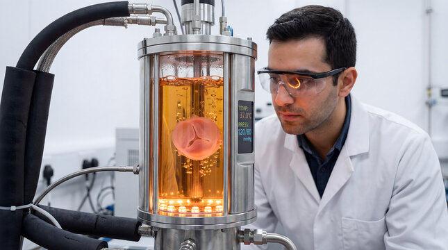 Scientist developing artificial heart valve in bioreactor