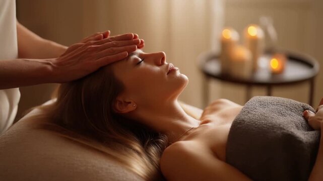 Woman Receiving a Relaxing Head Massage in a Serene Spa Setting.