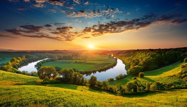 pixelated sunrise over green hills with winding river and scatte