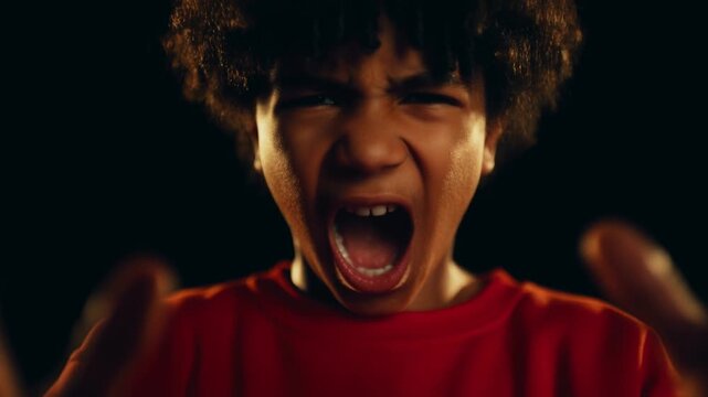 Young Boy Screaming with Anger and Frustration at Night.