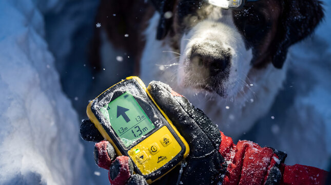 Avalanche rescue dog and rescuer using transceiver in snow