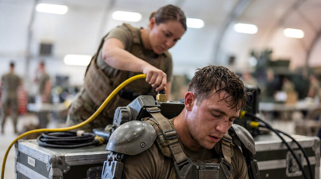 Military personnel connecting power to a robotic exoskeleton suit