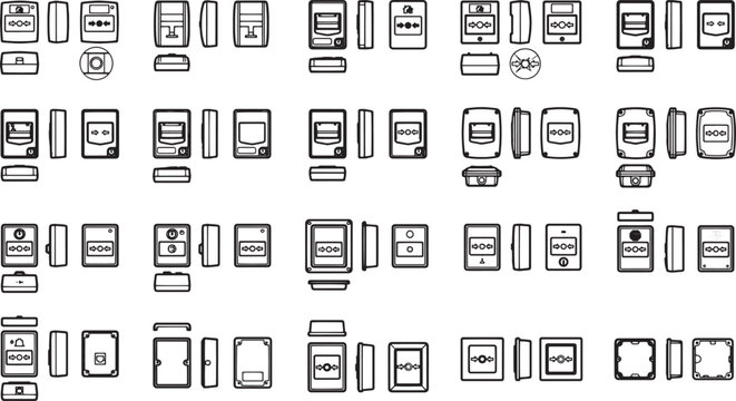Electrical switches and circuit breakers, an extensive arrangement, meticulously captured in a collection of meticulously detailed line drawings.
