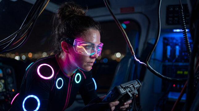 Woman wearing vr goggles, motion capture suit controlling drone