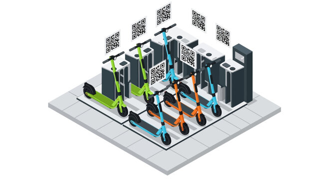 Smart City Micro-mobility Concept: Isometric View of Electric Scooter Charging Station with QR Codes for App-Based Rental and Shared Transportation Services