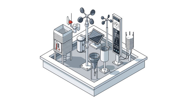 Isometric Weather Station with Meteorological Sensors, Solar Panel and Digital Display. Professional Illustration of Environmental Monitoring Equipment for Science and Technology.