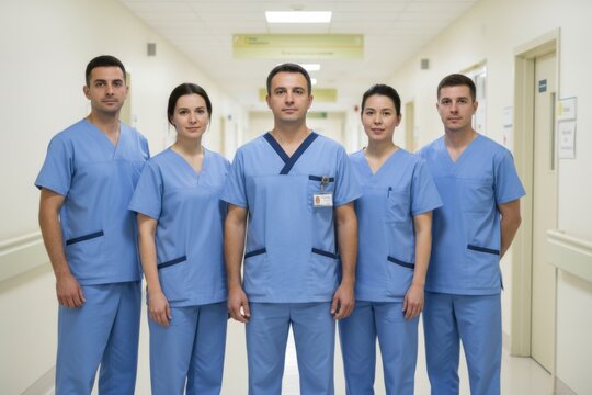 Group of five healthcare workers in blue scrubs standing v-formation in a clinic hallway for hospital recruitment, medical staffing and healthcare service advertising