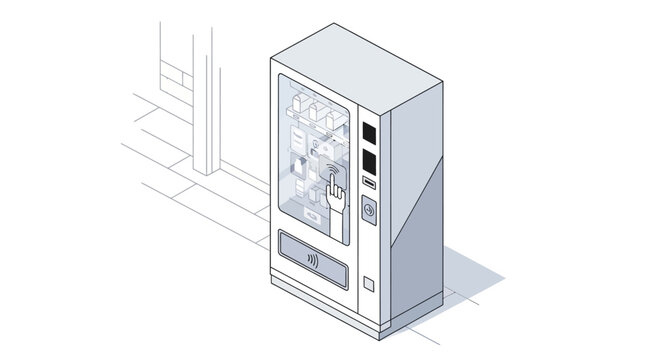 Isometric Modern Vending Machine Vector Illustration with Hand Touching Interactive Screen for Contactless Payment and Automated Retail Concept