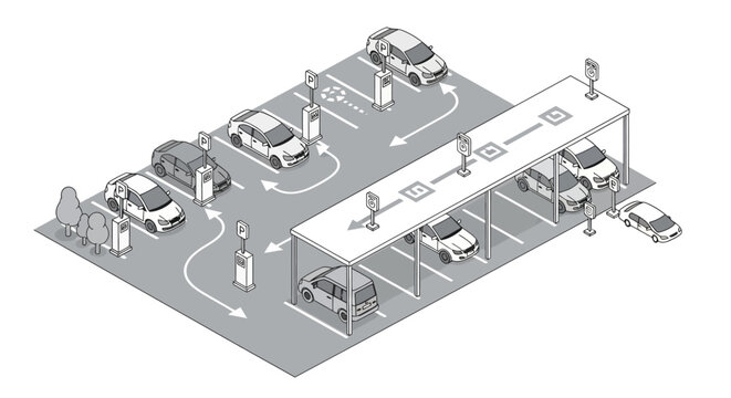 Isometric Smart Parking Management System with EV Charging Stations and Navigation