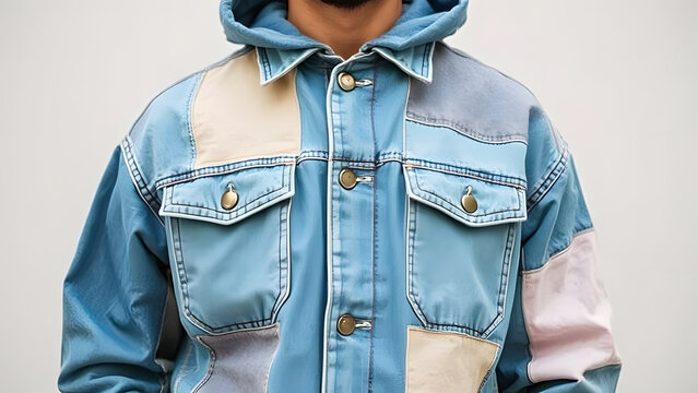 Upcycled denim patchwork streetwear, Professional Stock Photo, High Resolution Background