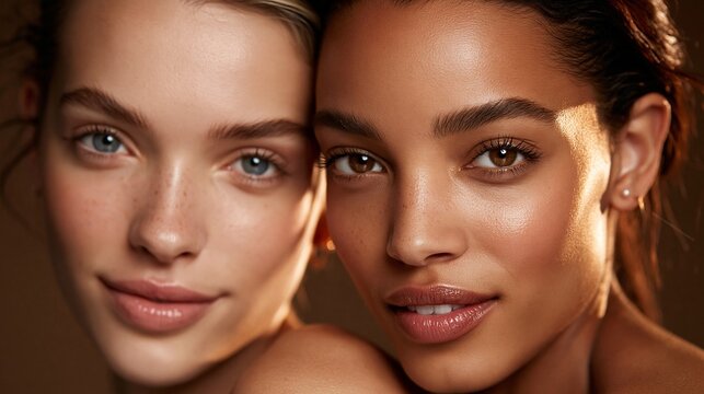 Zwei junge Frauen mit unterschiedlichen Hautfarben l&auml;cheln gemeinsam in die Kamera und verk&ouml;rpern nat&uuml;rliche Sch&ouml;nheit und Freundschaft