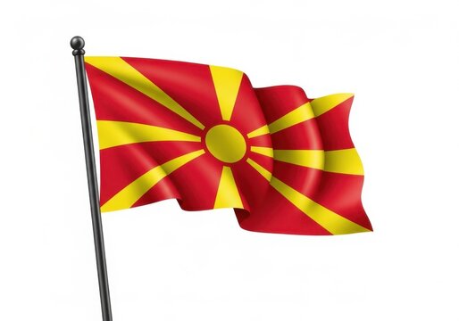 Waving flag of north macedonia on a flagpole isolated on white background