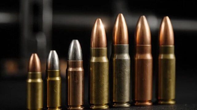 Close-up of different rifle ammunition cartridges lined up on a dark surface in front of a blurred background