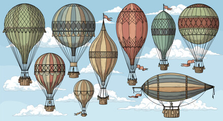 Vintage hot air balloons collection with steampunk style airships flying in sky, retro aviation illustration with clouds isolated on light background vector © Songkari