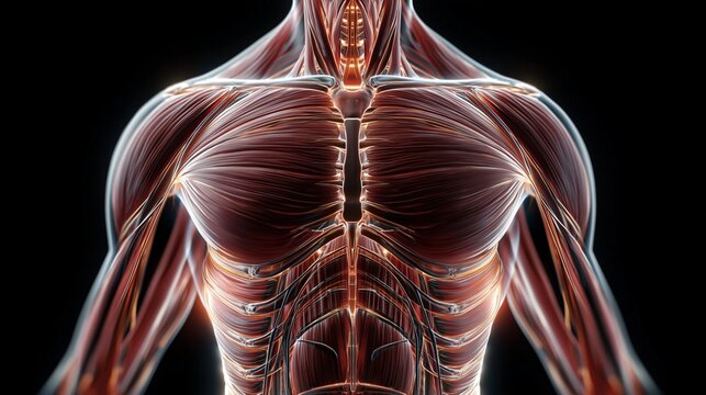 Eine detaillierte medizinische 3D-Illustration zeigt die Muskulatur des menschlichen Oberk&ouml;rpers von vorne auf schwarzem Hintergrund.