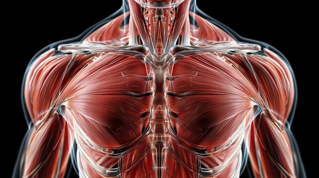Eine detaillierte medizinische 3D-Illustration zeigt die Muskulatur des menschlichen Oberk&ouml;rpers von vorne auf schwarzem Hintergrund.