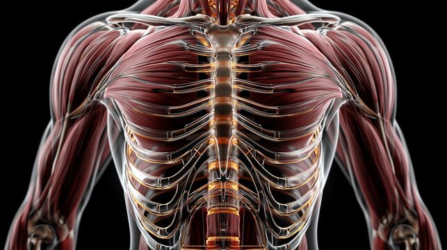 Eine detaillierte medizinische 3D-Illustration zeigt die Muskulatur des menschlichen Oberk&ouml;rpers von vorne auf schwarzem Hintergrund.