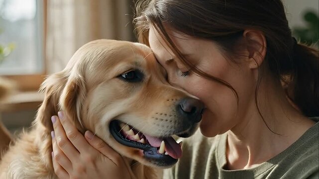 Close up of happy young woman affectionately hugging her golden retriever dog at home with natural light for pet companionship concept