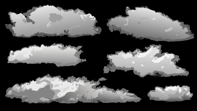 set of realistic white clouds isolated on black background high quality