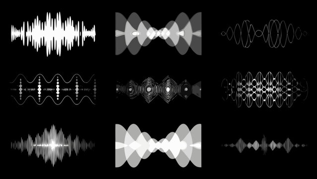 audio waveform collection with various patterns on black background high quality