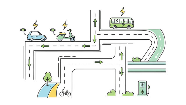 Electric Vehicle in the City: A dynamic illustration showcases the future of transportation, with an electric car, scooter, and bus navigating a city grid, symbolizing sustainable mobility.