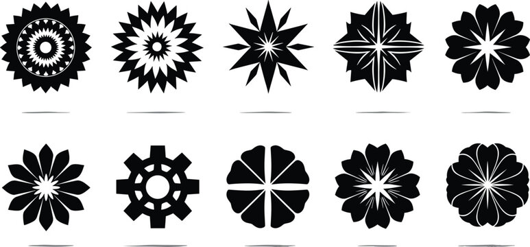 Abstract black floral and geometric rosette shapes collection with decorative circular patterns, ornamental design elements set isolated on light background vector illustration