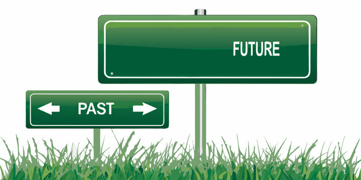 road signs pointing to past and future on grassy background