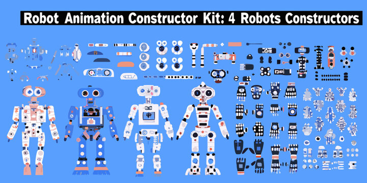 robot animation constructor kit with various parts on blue background