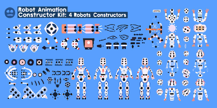 robot animation constructor kit with various parts and poses on blue background