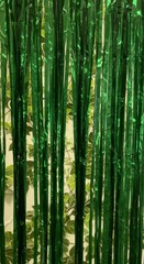 Fototapeta premium Green metallic foil fringe curtain hanging against a lush leaf wall background for party decorations, festive event styling and holiday celebratory backdrops