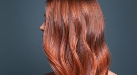 Fototapeta premium Long auburn red hair cascading in silky waves over a woman shoulder on a blue background for beauty editorial, hair care product advertising and salon marketing