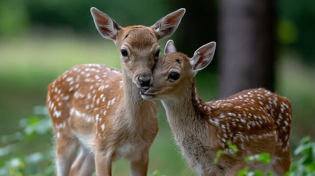 Zwei junge Rehe stehen nebeneinander in einem gr&uuml;nen Getreidefeld und blicken direkt in die Kamera